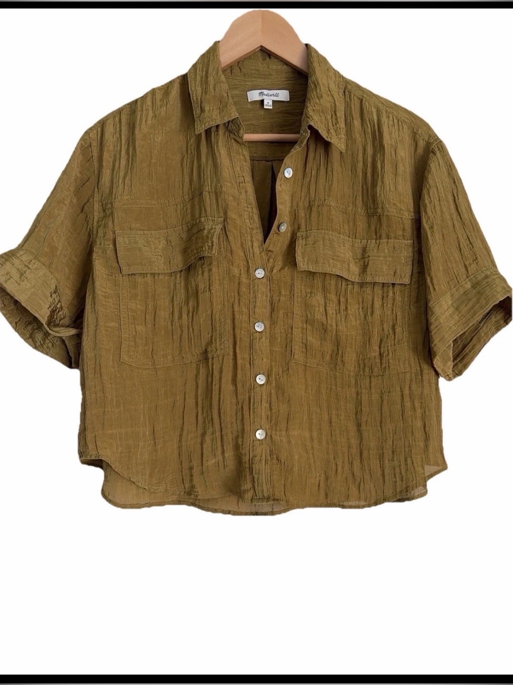 Madewell Textured Gauze Button Front Shirt Olive Brown Short Sleeve Top Size M